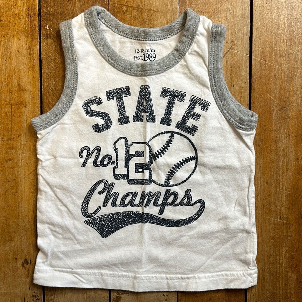 Place Boys size 12 to 18โmos White and Gray Baseball Tank Top cotton summer